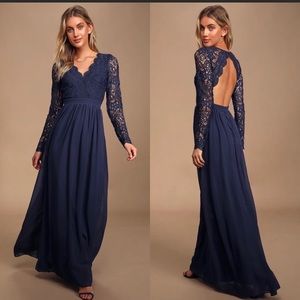 Lulus | Awaken My Love Navy Blue Long Sleeve Lace Maxi Dress